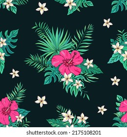 Tropic seamless pattern with hibiscus and tropical leaves. Summer decoration print for wrapping, wallpaper, fabric. Seamless vector texture. Tropical bouquet flowers.