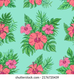 Patrón trópico sin fisuras con hibiscos y hojas tropicales. La decoración de verano se imprime para envolver, papel pintado y tela. Textura vectorial sin inconvenientes. Flores de ramo tropical.