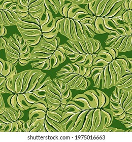 Tropic seamless pattern with jungle exotic monstera silhouettes print. Green nature backdrop. Stock illustration. Vector design for textile, fabric, giftwrap, wallpapers.