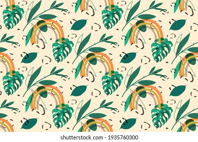 Doodle dibujado a mano vectorial patrón sin fisuras, estilo de pintura boho minimalista, arcoiris, hojas tropicales monstera, verde oscuro, paleta de color rosa, fondo amarillo