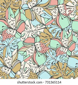 Tropic seamless pattern with monstera leafs and lily.