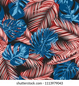 Tropic Seamless Pattern with Monstera Leaves. Exotic Summer Background. Vector Leaf of Philodendron and Palm. Handwritten Jungle Foliage. Tropical Seamless Pattern in Red and Blue Colors. EPS10.
