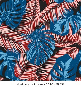 Tropic Seamless Pattern with Monstera Leaves. Exotic Summer Background. Vector Leaf of Philodendron and Palm. Handwritten Jungle Foliage. Tropical Seamless Pattern in Red and Blue Colors. EPS10.