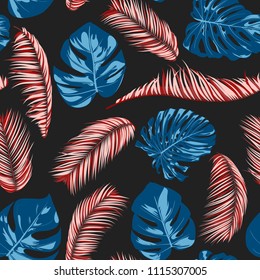 Tropic Seamless Pattern with Monstera Leaves. Exotic Summer Background. Vector Leaf of Philodendron and Palm. Handwritten Jungle Foliage. Tropical Seamless Pattern in Red and Blue Colors. EPS10.