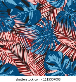 Tropic Seamless Pattern with Monstera Leaves. Exotic Summer Background. Vector Leaf of Philodendron and Palm. Handwritten Jungle Foliage. Tropical Seamless Pattern in Red and Blue Colors. EPS10.