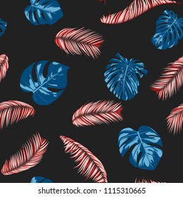 Tropic Seamless Pattern with Monstera Leaves. Exotic Summer Background. Vector Leaf of Philodendron and Palm. Handwritten Jungle Foliage. Tropical Seamless Pattern in Red and Blue Colors. EPS10.