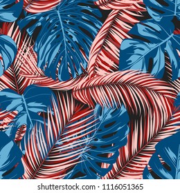 Tropic Seamless Pattern with Monstera Leaves. Exotic Summer Background. Vector Leaf of Philodendron and Palm. Handwritten Jungle Foliage. Tropical Seamless Pattern in Red and Blue Colors. EPS10.