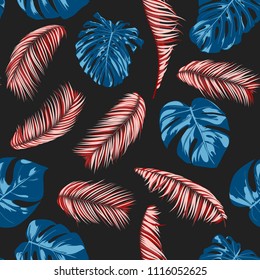 Tropic Seamless Pattern with Monstera Leaves. Exotic Summer Background. Vector Leaf of Philodendron and Palm. Handwritten Jungle Foliage. Tropical Seamless Pattern in Red and Blue Colors. EPS10.