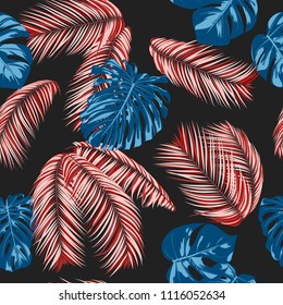Tropic Seamless Pattern with Monstera Leaves. Exotic Summer Background. Vector Leaf of Philodendron and Palm. Handwritten Jungle Foliage. Tropical Seamless Pattern in Red and Blue Colors. EPS10.