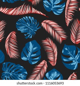 Tropic Seamless Pattern with Monstera Leaves. Exotic Summer Background. Vector Leaf of Philodendron and Palm. Handwritten Jungle Foliage. Tropical Seamless Pattern in Red and Blue Colors. EPS10.