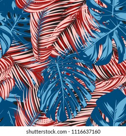 Tropic Seamless Pattern with Monstera Leaves. Exotic Summer Background. Vector Leaf of Philodendron and Palm. Handwritten Jungle Foliage. Tropical Seamless Pattern in Red and Blue Colors. EPS10.