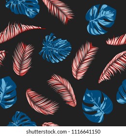 Tropic Seamless Pattern with Monstera Leaves. Exotic Summer Background. Vector Leaf of Philodendron and Palm. Handwritten Jungle Foliage. Tropical Seamless Pattern in Red and Blue Colors. EPS10.
