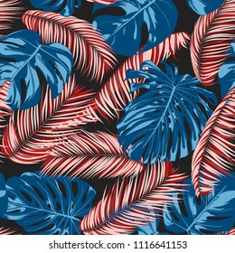 Tropic Seamless Pattern with Monstera Leaves. Exotic Summer Background. Vector Leaf of Philodendron and Palm. Handwritten Jungle Foliage. Tropical Seamless Pattern in Red and Blue Colors. EPS10.