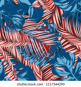 Tropic Seamless Pattern with Monstera Leaves. Exotic Summer Background. Vector Leaf of Philodendron and Palm. Handwritten Jungle Foliage. Tropical Seamless Pattern in Red and Blue Colors. EPS10.