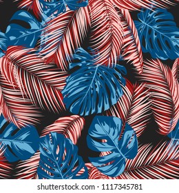 Tropic Seamless Pattern with Monstera Leaves. Exotic Summer Background. Vector Leaf of Philodendron and Palm. Handwritten Jungle Foliage. Tropical Seamless Pattern in Red and Blue Colors. EPS10.