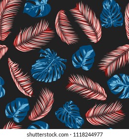 Tropic Seamless Pattern with Monstera Leaves. Exotic Summer Background. Vector Leaf of Philodendron and Palm. Handwritten Jungle Foliage. Tropical Seamless Pattern in Red and Blue Colors. EPS10.