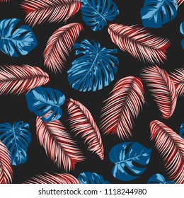 Tropic Seamless Pattern with Monstera Leaves. Exotic Summer Background. Vector Leaf of Philodendron and Palm. Handwritten Jungle Foliage. Tropical Seamless Pattern in Red and Blue Colors. EPS10.