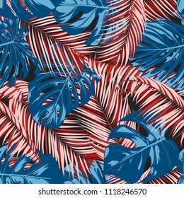 Tropic Seamless Pattern with Monstera Leaves. Exotic Summer Background. Vector Leaf of Philodendron and Palm. Handwritten Jungle Foliage. Tropical Seamless Pattern in Red and Blue Colors. EPS10.