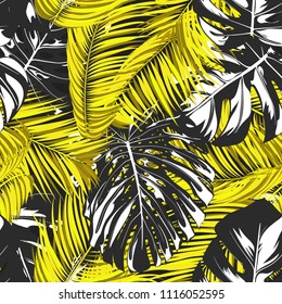 Tropic Seamless Pattern with Monstera. Vector Leaves of Philodendron and Palm. Exotic Summer Background. Handwritten Jungle Foliage. Tropical Seamless Pattern for Cloth Design, Textile, Tile, Paper.