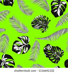 Tropic Seamless Pattern with Monstera. Vector Leaves of Philodendron and Palm. Exotic Summer Background. Handwritten Jungle Foliage. Tropical Seamless Pattern for Cloth Design, Textile, Tile, Paper.