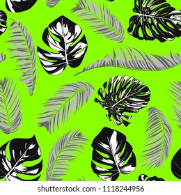 Tropic Seamless Pattern with Monstera. Vector Leaves of Philodendron and Palm. Exotic Summer Background. Handwritten Jungle Foliage. Tropical Seamless Pattern for Cloth Design, Textile, Tile, Paper.