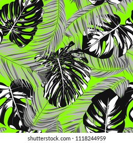 Tropic Seamless Pattern with Monstera. Vector Leaves of Philodendron and Palm. Exotic Summer Background. Handwritten Jungle Foliage. Tropical Seamless Pattern for Cloth Design, Textile, Tile, Paper.
