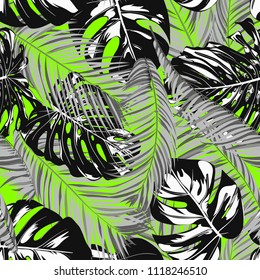 Tropic Seamless Pattern with Monstera. Vector Leaves of Philodendron and Palm. Exotic Summer Background. Handwritten Jungle Foliage. Tropical Seamless Pattern for Cloth Design, Textile, Tile, Paper.