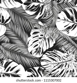 Tropic Seamless Pattern with Monstera in Watercolor Style. Vector Leaves of Philodendron and Palm. Exotic Background. Handwritten Jungle Foliage. Monochrome Tropical Seamless Pattern for Cloth Design.