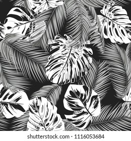 Tropic Seamless Pattern with Monstera in Watercolor Style. Vector Leaves of Philodendron and Palm. Exotic Background. Handwritten Jungle Foliage. Monochrome Tropical Seamless Pattern for Cloth Design.