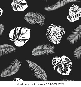 Tropic Seamless Pattern with Monstera in Watercolor Style. Vector Leaves of Philodendron and Palm. Exotic Background. Handwritten Jungle Foliage. Monochrome Tropical Seamless Pattern for Cloth Design.