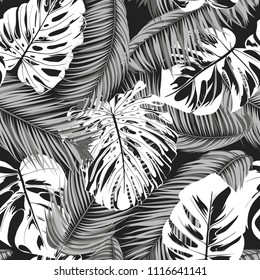 Tropic Seamless Pattern with Monstera in Watercolor Style. Vector Leaves of Philodendron and Palm. Exotic Background. Handwritten Jungle Foliage. Monochrome Tropical Seamless Pattern for Cloth Design.