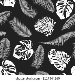 Tropic Seamless Pattern with Monstera in Watercolor Style. Vector Leaves of Philodendron and Palm. Exotic Background. Handwritten Jungle Foliage. Monochrome Tropical Seamless Pattern for Cloth Design.
