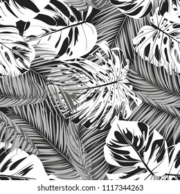 Tropic Seamless Pattern with Monstera in Watercolor Style. Vector Leaves of Philodendron and Palm. Exotic Background. Handwritten Jungle Foliage. Monochrome Tropical Seamless Pattern for Cloth Design.