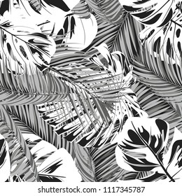 Tropic Seamless Pattern with Monstera in Watercolor Style. Vector Leaves of Philodendron and Palm. Exotic Background. Handwritten Jungle Foliage. Monochrome Tropical Seamless Pattern for Cloth Design.