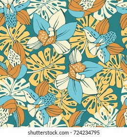 Tropic seamless pattern with orchid and monstera leafs.