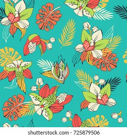 Tropic seamless pattern with orchid and monstera leafs.