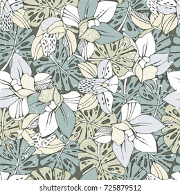 Tropic seamless pattern with orchid and monstera leafs.