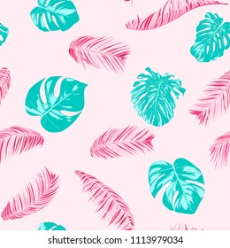 Tropic Seamless Pattern with Palm Leaves. Exotic Summer Background. Handwritten Jungle Foliage. Vector Leaf of Philodendron and Palm. Tropical Seamless Pattern in Pastel Color Design for Print. EPS10.