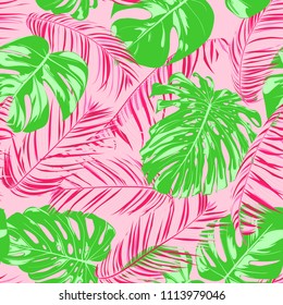 Tropic Seamless Pattern with Palm Leaves. Exotic Summer Background. Handwritten Jungle Foliage. Vector Leaf of Philodendron and Palm. Tropical Seamless Pattern in Pink And Green Colors. EPS10.