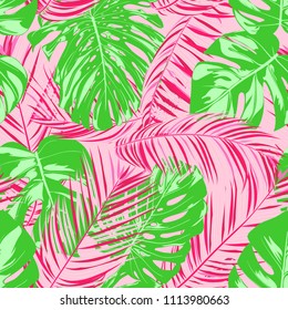 Tropic Seamless Pattern with Palm Leaves. Exotic Summer Background. Handwritten Jungle Foliage. Vector Leaf of Philodendron and Palm. Tropical Seamless Pattern in Pink And Green Colors. EPS10.