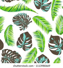 Tropic Seamless Pattern with Palm Leaves. Fresh Exotic Summer Background. Handwritten Jungle Foliage. Vector Leaf of Monstera and Palm. Tropical Seamless Pattern in Green, Blue and Brown Colors.