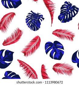 Tropic Seamless Pattern with Palm Leaves and Monstera. Exotic Summer Background. Jungle Foliage. Vector Leaf of Philodendron and Palm. Bright Tropical Seamless Pattern in Blue and Red Colors. EPS10.