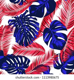 Tropic Seamless Pattern with Palm Leaves and Monstera. Exotic Summer Background. Jungle Foliage. Vector Leaf of Philodendron and Palm. Bright Tropical Seamless Pattern in Blue and Red Colors. EPS10.