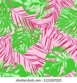 Tropic Seamless Pattern with Palm Leaves. Exotic Summer Background. Handwritten Jungle Foliage. Vector Leaf of Philodendron and Palm. Tropical Seamless Pattern in Pink And Green Colors. EPS10.
