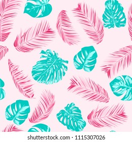 Tropic Seamless Pattern with Palm Leaves. Exotic Summer Background. Handwritten Jungle Foliage. Vector Leaf of Philodendron and Palm. Tropical Seamless Pattern in Pastel Color Design for Print. EPS10.