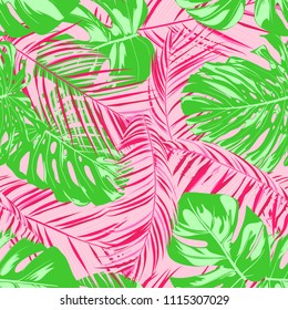 Tropic Seamless Pattern with Palm Leaves. Exotic Summer Background. Handwritten Jungle Foliage. Vector Leaf of Philodendron and Palm. Tropical Seamless Pattern in Pink And Green Colors. EPS10.