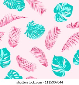 Tropic Seamless Pattern with Palm Leaves. Exotic Summer Background. Handwritten Jungle Foliage. Vector Leaf of Philodendron and Palm. Tropical Seamless Pattern in Pastel Color Design for Print. EPS10.