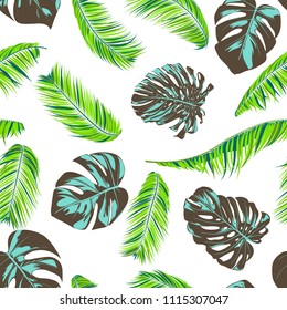 Tropic Seamless Pattern with Palm Leaves. Fresh Exotic Summer Background. Handwritten Jungle Foliage. Vector Leaf of Monstera and Palm. Tropical Seamless Pattern in Green, Blue and Brown Colors.