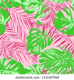 Tropic Seamless Pattern with Palm Leaves. Exotic Summer Background. Handwritten Jungle Foliage. Vector Leaf of Philodendron and Palm. Tropical Seamless Pattern in Pink And Green Colors. EPS10.