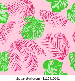 Tropic Seamless Pattern with Palm Leaves. Exotic Summer Background. Handwritten Jungle Foliage. Vector Leaf of Philodendron and Palm. Tropical Seamless Pattern in Pink And Green Colors. EPS10.